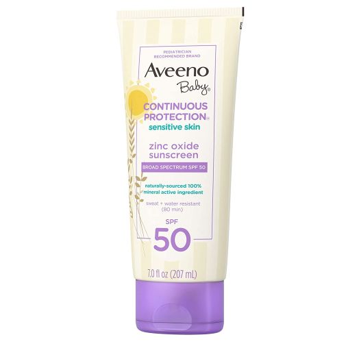 Aveeno Baby Continuous Protection Zinc Oxide Mineral Sunscreen Lotion for Sensitive Skin with Broad Spectrum SPF 50, Tear-Free, Sweat- and Water-Resistant, 7 fl. oz