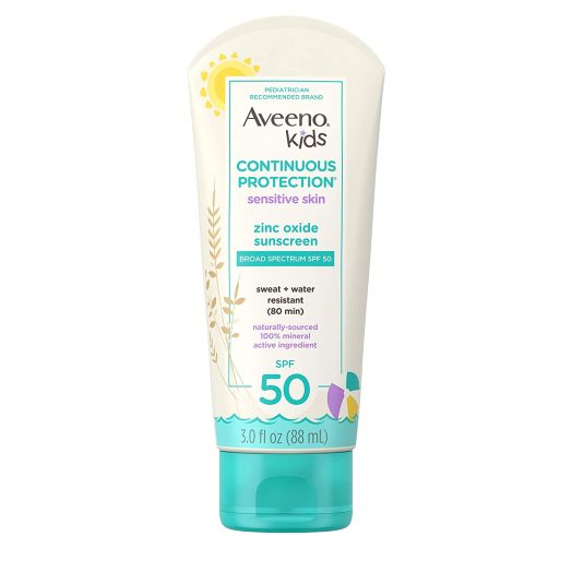 Aveeno Kids Continuous Protection Zinc Oxide Mineral Sunscreen Lotion for Children's Sensitive Skin with Broad Spectrum SPF 50, Tear-Free, Sweat- and Water-Resistant, 3 fl. oz