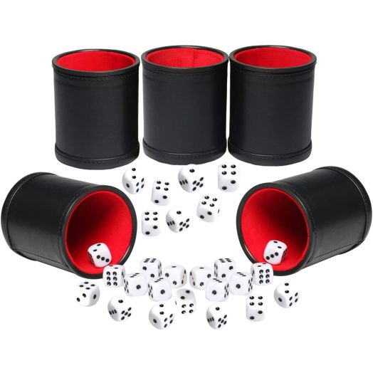 Leatherette Dice Cup Set Red Felt Lined Shaker with 6 Dot Dices for Yahtzee Farkle Bar Party Dice Games-5 Pack