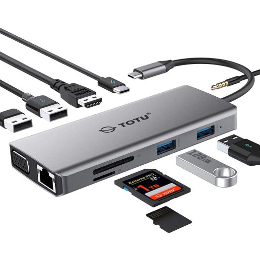 USB C Hub, Type C Hub, TOTU 11-in-1 Adapter with Ethernet, 4K USB C to HDMI, VGA, 2 USB3.0 2 USB2.0, Micro SD/TF Card Reader, Mic/Audio, USB-C Pd 3.0, Compatible for Mac Pro and Other Type C Laptops