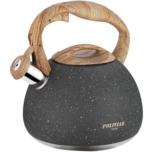 Poliviar Tea Kettle, 2.7 Quart Natural Stone Finish with Wood Pattern Handle Loud Whistle Food Grade  Stainless Steel Teapot, Anti-Hot Handle and Anti-Rust, Suitable for All Heat Sources (JX2018-GR20)