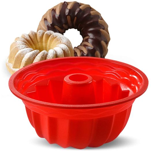 Aokinle Silicone Baking Molds, European Grade  Fluted Round Cake Pan, Non-Stick Cake Pan for Jello,Buntcake,Gelatin,Bread, 9.45 Inches Tube Bakeware Red