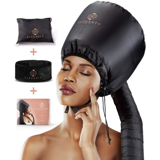 Eleganty Soft Bonnet Hood Hairdryer Attachment with Headband that Reduces Heat Around Ears and Neck to Enjoy Long Sessions - Used for Hair Styling, Deep Conditioning and Hair Drying (Black)