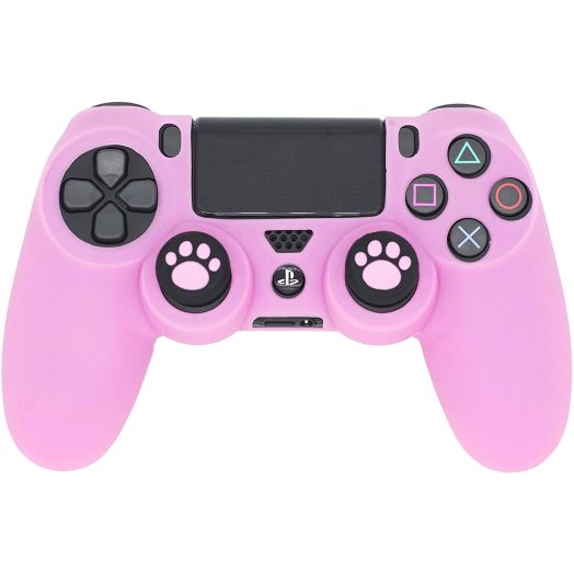 PS4 Controller Skin, BRHE Anti-Slip Grip Silicone Cover Protector Case Compatible with PS4 Slim/PS4 Pro Wireless/Wired Gamepad Controller with 2 Cat Paw Thumb Grip Caps (Pink)