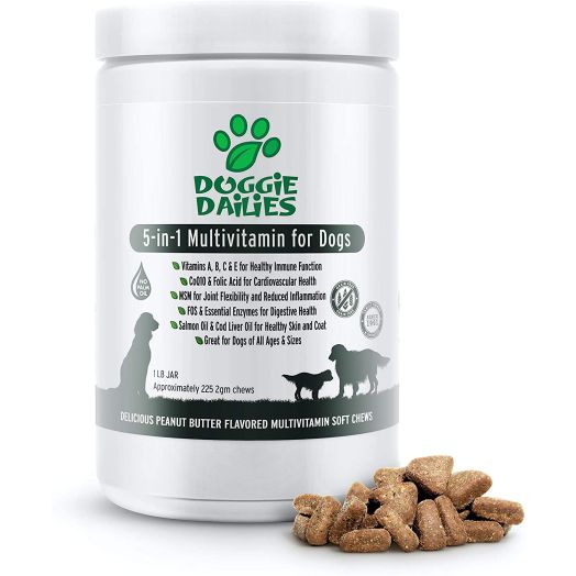 Doggie Dailies 5 in 1 Multivitamin for Dogs, 225 Soft Chews, Dog Multivitamin for Skin and Coat Health, Joint Health, Improved Digestion, Heart Health and Enhanced Immunity, Made in The USA
