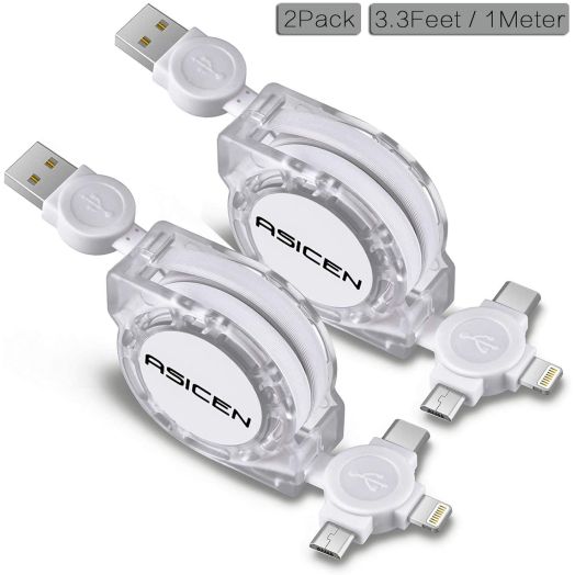2-Pack ASICEN Retractable Multiple 3A Fast Charging Cable, Multi Charger Cord 3.3ft/1m 3 in 1 USB Charge Cord with Phone/Type C/Micro USB Connector for Phone/Galaxy s9/S8/S7/Hawei and More (White)