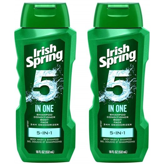 Irish Spring 5-in-1 Shampoo, Conditioner, Body Wash, Face Wash and Deodorizer, 18 oz (Pack of 2)