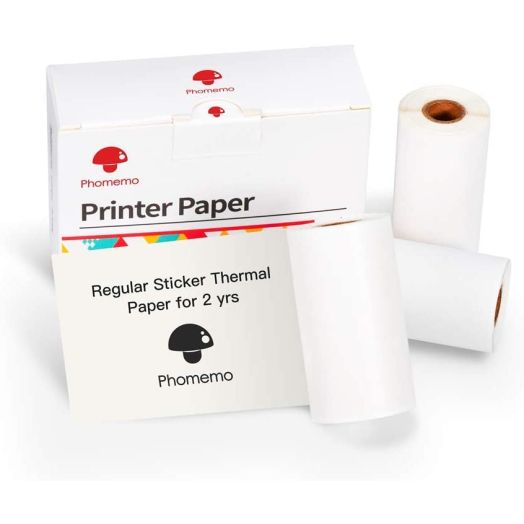 Phomemo White Self-Adhesive Thermal Paper, Glossy Printable Sticker Paper for Phomemo M02/M02 Pro/M02S Bluetooth Pocket Mobile Printer, Black on White, 50mm x 3.5m, Diameter 30mm, 3-Rolls