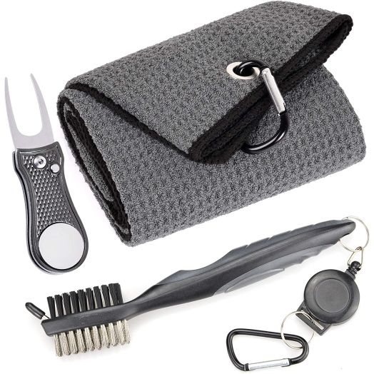 Mile High Life Microfiber Waffle Pattern Golf Towel | Club Groove Cleaner Brush | Foldable Divot Tool with Magnetic Ball Marker