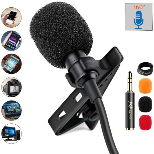 PoP Voice 12.8 Feet Lavalier Lapel Microphone Professional Grade Omnidirectional Mic Condenser Small Mini Perfect for Recording Podcast PC Laptop Android iPhone YouTube Interview ASMR External