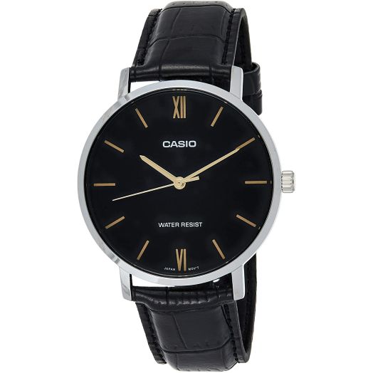 Casio MTP-VT01L-1B Men's Minimalistic Black Dial Black Leather Band Analog Watch