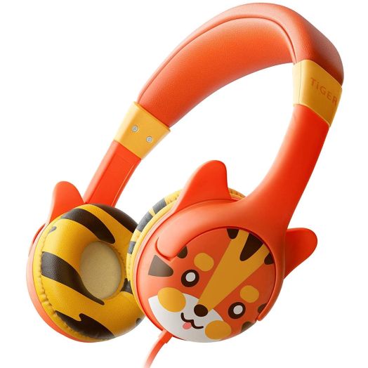 Kidrox Tiger-Ear Kids Headphones Boys/Girls - 85dB Volume Limited, Wired Toddler Headphones for School, Adjustable Headband, Tangle Free Cable, Cute Design, Small Orange Children Headphones On Ear