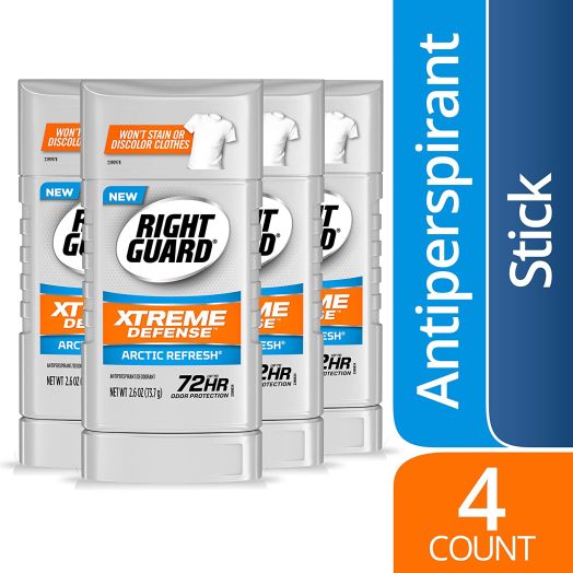Right Guard Xtreme Defense Antiperspirant Deodorant Invisible Solid Stick, Arctic Refresh, 2.6 Ounce (Count of 4)
