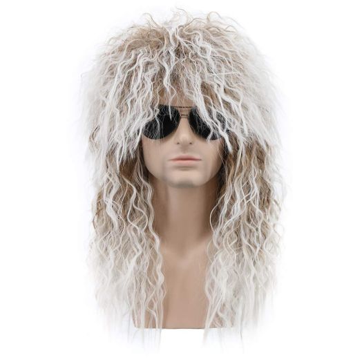 Karlery Men and Women Long Curly Brown Gradient White 70s Heavy Metal Rocker Mullet Wig 80s Costume Anime Wig