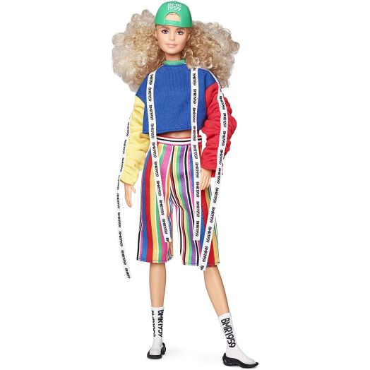 Barbie BMR1959 Fashion Doll with Curly Blonde Hair, in Color Block Sweatshirt with Logo Tape, Fully Poseable, with Accessories and Doll Stand