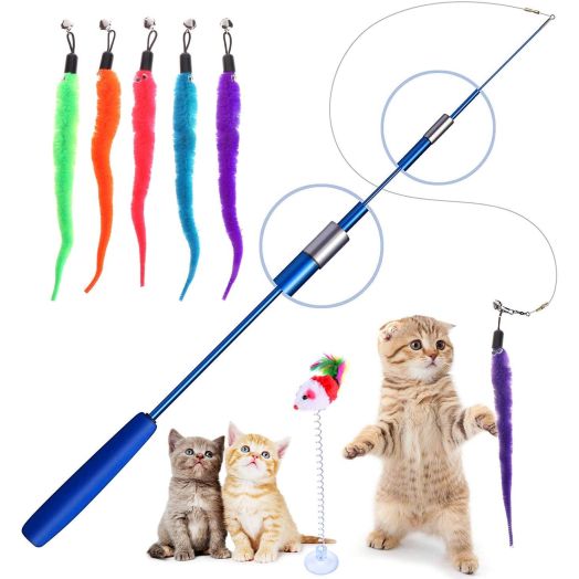 Retractable Cat Toys Wand with 5 Piece Teaser Refills, Interactive Cat Feather Toy for Cat Kitten Having Fun Exerciser Playing