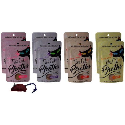 Tiki Cat Grain Free Cat Food Topper Treat Broths 4 Flavor Variety 8 Pouch with Catnip Toy Bundle, 2 Each: Salmon, Duck Chicken, Beef, Chicken (1.3 Ounces)