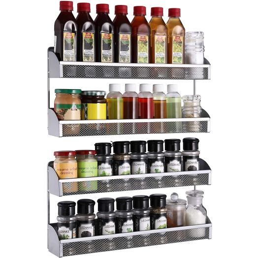 2 Pack- Simple Trending 2 Tier Spice Rack Organizer, Wall Mounted Spice Shelf Storage Holder for Kitchen Cabinet Pantry Door, Silver