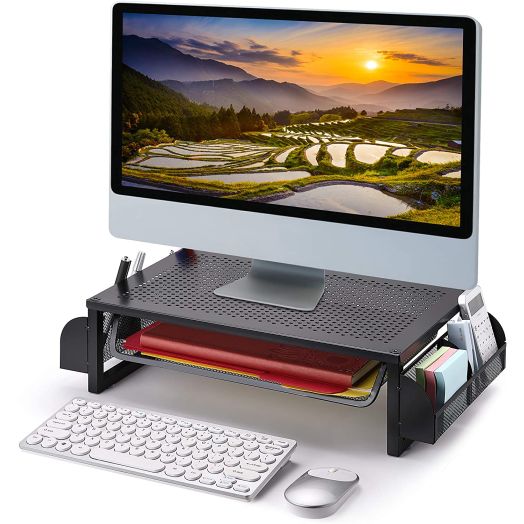 Simple Trending Metal Monitor Riser Stand and Computer Desk Organizer with Drawer, Black