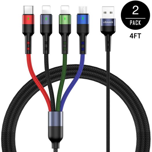 Multi Charging Cable USAMS 2Pack 4FT 4 in 1 Nylon Braided Multiple USB Fast Charging Cord Adapter Type C Micro USB Port Connectors Compatible Cell Phones Tablets and More (4in1, 4FT)