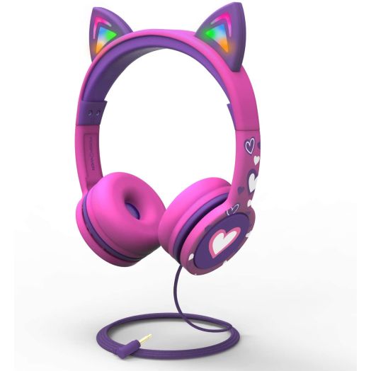 FosPower Kids Headphones with LED Light Up Cat Ears 3.5mm On Ear Audio Headphones for Kids with Laced Tangle Free Cable (Max 85dB) - Hot Pink/Purple