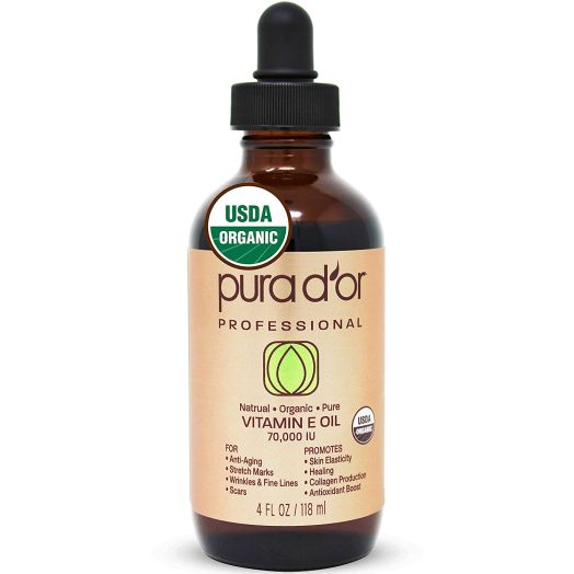 PURA D'OR Organic Vitamin E Oil (4oz / 118mL) 70,000 IU 100% Pure Natural USDA Organic For Skin Face Hexane Free w/Sweet Almond, Apricot, Jojoba, Argan, Rosehip, Sunflower and Avocado Oil For Bath Body