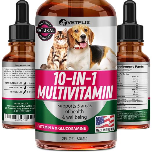 VETFLIX Pet Vitamins 10 in 1 - Made in USA - Glucosamine For Dogs and Cats - Dog Supplement for Pet Joint Health - Natural Cat and Dog Multivitamin - All Ages and Breeds - Folic Acid For Cats and Dogs Immune