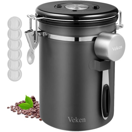 Veken Coffee Canister, Airtight Stainless Steel Kitchen Food Storage Container with Date Tracker and Scoop for Beans, Grounds, Tea, Flour, Cereal, Sugar, 22OZ, Gray