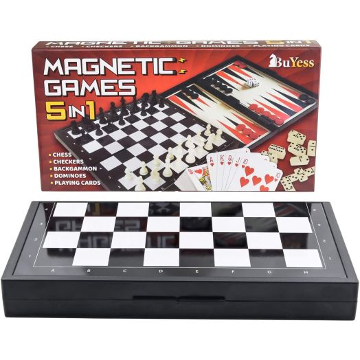 5 in 1 Magnetic Travel Chess, Checkers, Dominoes, Backgammon, Cards Set 9.8" x 9.8" Mini Board Games