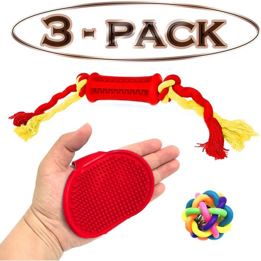 Foryaf Dog Toys Toothbrush - Chewing Toy with Rope - Hair Brush Remover, handiest and Adjustable - Colorful Ball with Bell - Effective Pack of 3 Items - Hair and Dental pet Care for All Kind of Breeds