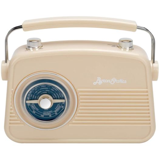 Byron Statics Radio FM AM Portable Radios Vintage Stable Reception Easy Use Dual Power Operation Big Handle Large Knob AC Adaptor Metal Antenna Headset Jack for Home Car Office Good Gift Cream