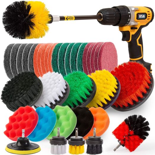 Holikme 37Piece Drill Brush Attachments Set,Scrub Pads and Sponge, Power Scrubber Brush with Extend Long Attachment All purpose Clean for Grout, Tiles, Sinks, Bathtub, Bathroom, Kitchen,Yellow and black