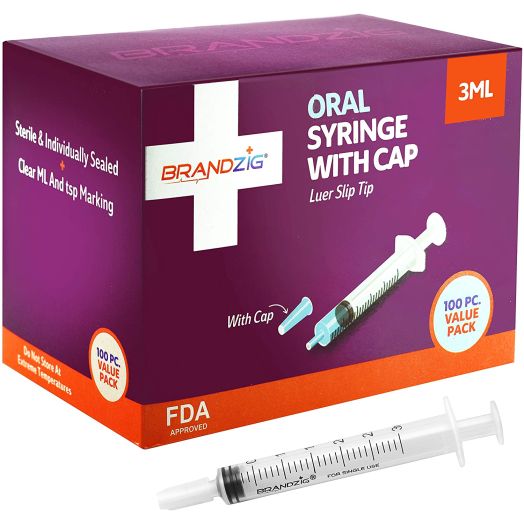 3ml Syringe with Cap (100 Pack) | Oral Dispenser Without Needle, Luer Slip Tip | Individually Wrapped Medicine Dropper for Infants and Pets