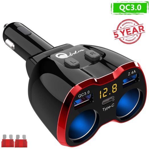 Cigarette Lighter Splitter QC 3.0, 2-Socket USB C Car Charger Adapter Type C Multi Power Outlet 12V/24V 80W DC with LED Voltmeter Switch Dual USB Port for iPhone GPS Dashcam iPad Android Samsung