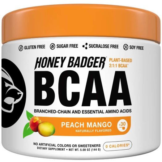 Honey Badger Vegan Keto BCAA + EAA Electrolyte Powder | Peach Mango | Natural Gluten Free Amino Acids Essential Aminos Sugar Free + Sucralose Free | 30 Servings