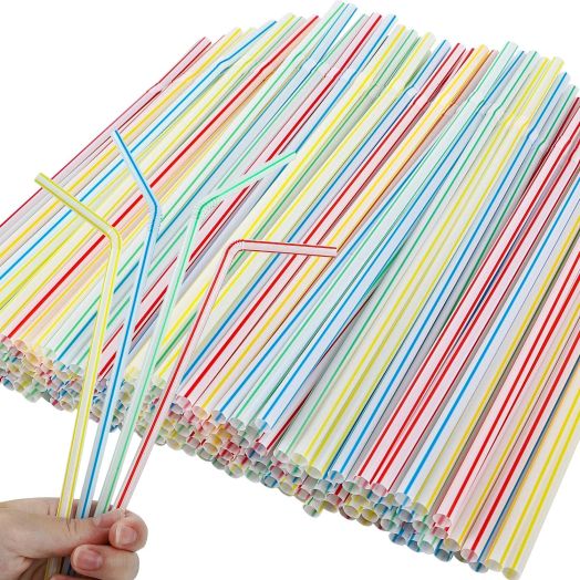 Tomnk 500pcs Flexible Plastic Drinking Straws Bendable Straws Striped Multi Colored Disposable Bendy Straws