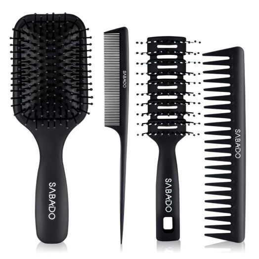 4Pcs Paddle Hair Brush, Detangling Brush and Hair Comb Set for Men and Women, Great On Wet or Dry Hair, No More Tangle Hairbrush for Long Thick Thin Curly Natural Hair (Black)