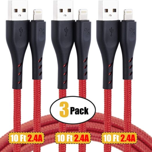 CyvenSmart 10 ft iPhone Charger Certified Lightning Cable 10 Foot,3 Pack, Red, Extra Long Nylon Braided ChargingandSyncing Cord Compatible with iPhone Xs/XR/XS Max/X/7/7Plus/8/8Plus/6S/6S Plus/5