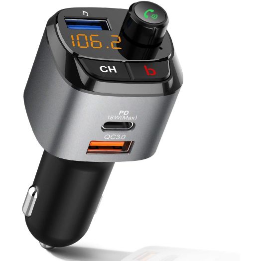 IMDEN Bluetooth 5.0 FM Transmitter for Car, QC3.0+Type-C PD 18W Wireless Bluetooth FM Radio Adapter Bass Sound Music Player FM Car Kit with Hands-free Calling and 3 USB Ports Charger Support USB Drive