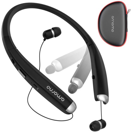 Foldable Bluetooth Headphones, AMORNO Wireless Neckband Sports Headset with Retractable Earbuds, Sweatproof Noise Cancelling Stereo Earphones with Mic (Black)