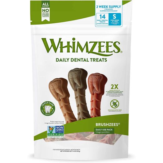 Whimzees Natural Grain Free Long Lasting Dental Dog Treats, Daily Use Packs, Small Brushzees Bag of 14