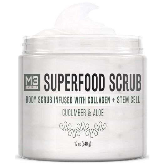 M3 Naturals Superfood Scrub infused with Collagen and Stem Cell Natural Cucumber and Aloe Body Face Wash Exfoliating Facial Cleanser for Acne Cellulite Wrinkles Scars Skin Care 12 oz