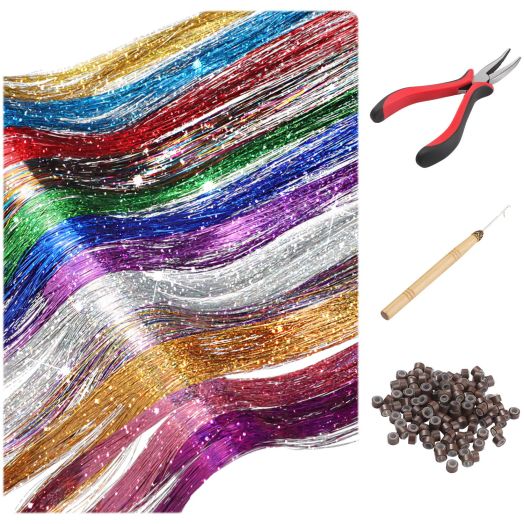 Hair Tinsel Strands Kit, Tinsel Hair Extensions, Fairy Hair Tinsel Kit for Women Girls with Tools (12 Colors+Dark Brown Silicone Link Rings Beads, 2400 Strands)
