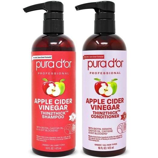 PURA D'OR Apple Cider Vinegar Thin2Thick Set Shampoo and Conditioner (2 x 16oz) Biotin, Keratin, Caffeine, Castor Oil, No Sulfates, Natural Ingredients, All Hair Types, Men and Women (Packaging may vary)