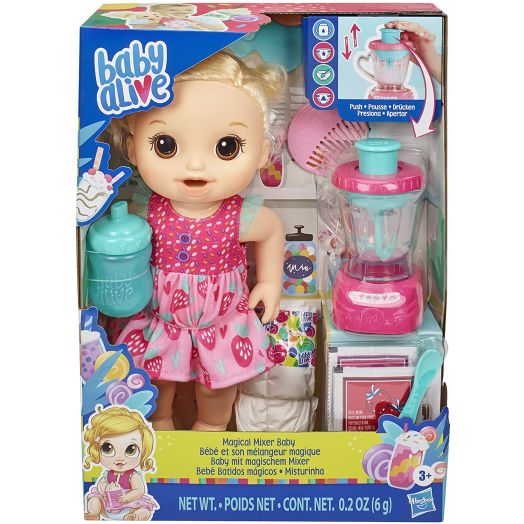 Baby Alive Magical Mixer Baby Doll Strawberry Shake with Blender Accessories, Drinks, Wets, Eats, Blonde Hair Toy for Kids Ages 3 and Up