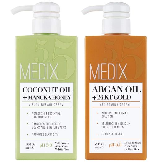 Medix 5.5 Argan Cream and Coconut Cream Set. Medix 5.5 Argan Cream with 24kt Gold Reduces Wrinkles and Firms Sagging Skin. Coconut Cream Moisturizes Damaged, Dry Skin. Two 15oz