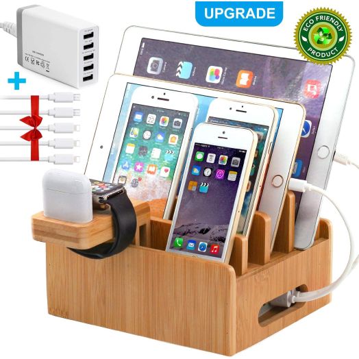 Bamboo Charging Station for Multiple Devices with 5 Port USB Charger, 5 Charger Cables and AirPod and Watch Stand. Pezin and Hulin Desk Wood Docking Stations Electronic Organizer for Cell Phone, Tablet,