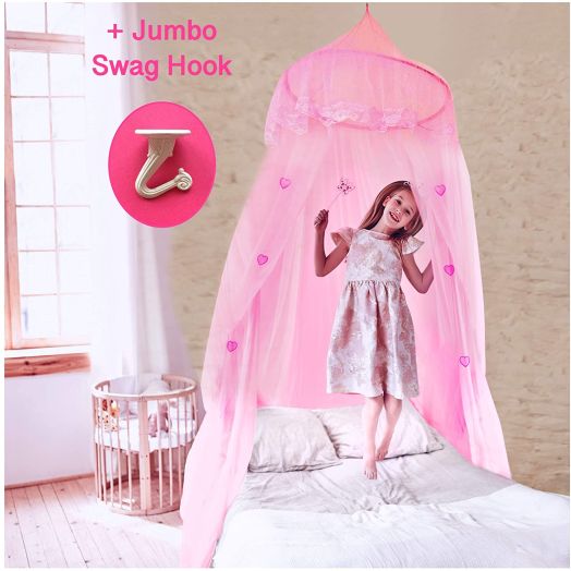 EVEN NATURALS Princess Bed Canopy for Girls, with Lace Dome and Hearts (Easy Hanging System), Birthday Gift, Mosquito Netting for Crib up to Twin Size Girls Bed