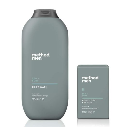 Method Men's - Sea + Surf Body Wash 18 Ounce and Sea + Surf Exfoliating Bar Soap, 6 oz - Set of 2