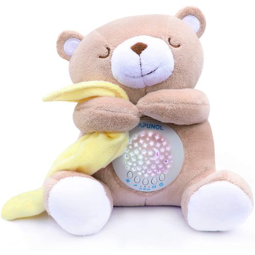 APUNOL Baby Sleep Soother, Baby White Noise and Toddler Sleep Aid Night Light, Lullaby Sound Machine - Sleep Sound Toys, Portable Stuffed Teddy,15 Soothing Sounds and Projector, Baby Sleep Aid Toy